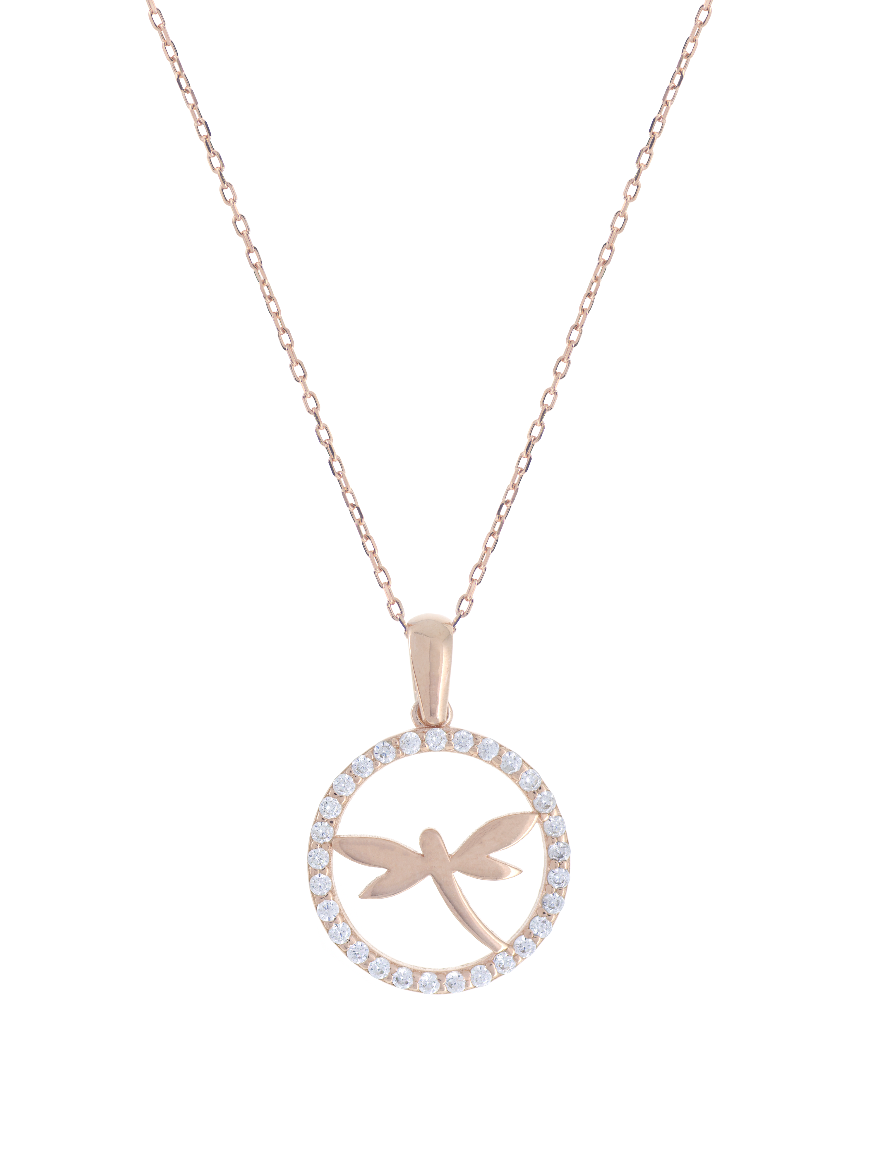 Gümüş Altın Yaldızlı Rose Renk 925 Ayar Gümüş Taşlı Daire İçerisinde Yusufçuk Kolye - www.xsilver.com.tr