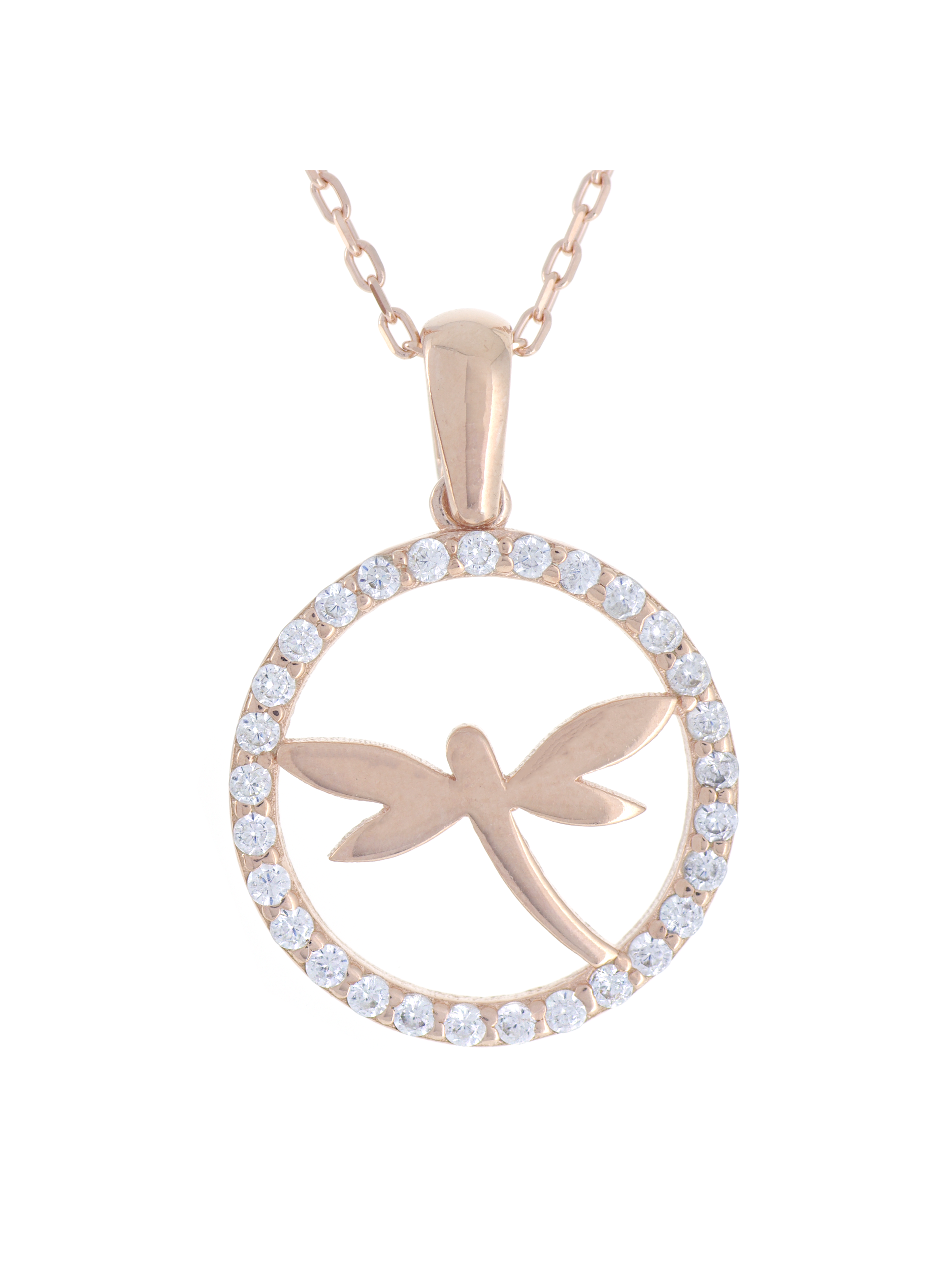 Gümüş Altın Yaldızlı Rose Renk 925 Ayar Gümüş Taşlı Daire İçerisinde Yusufçuk Kolye - www.xsilver.com.tr