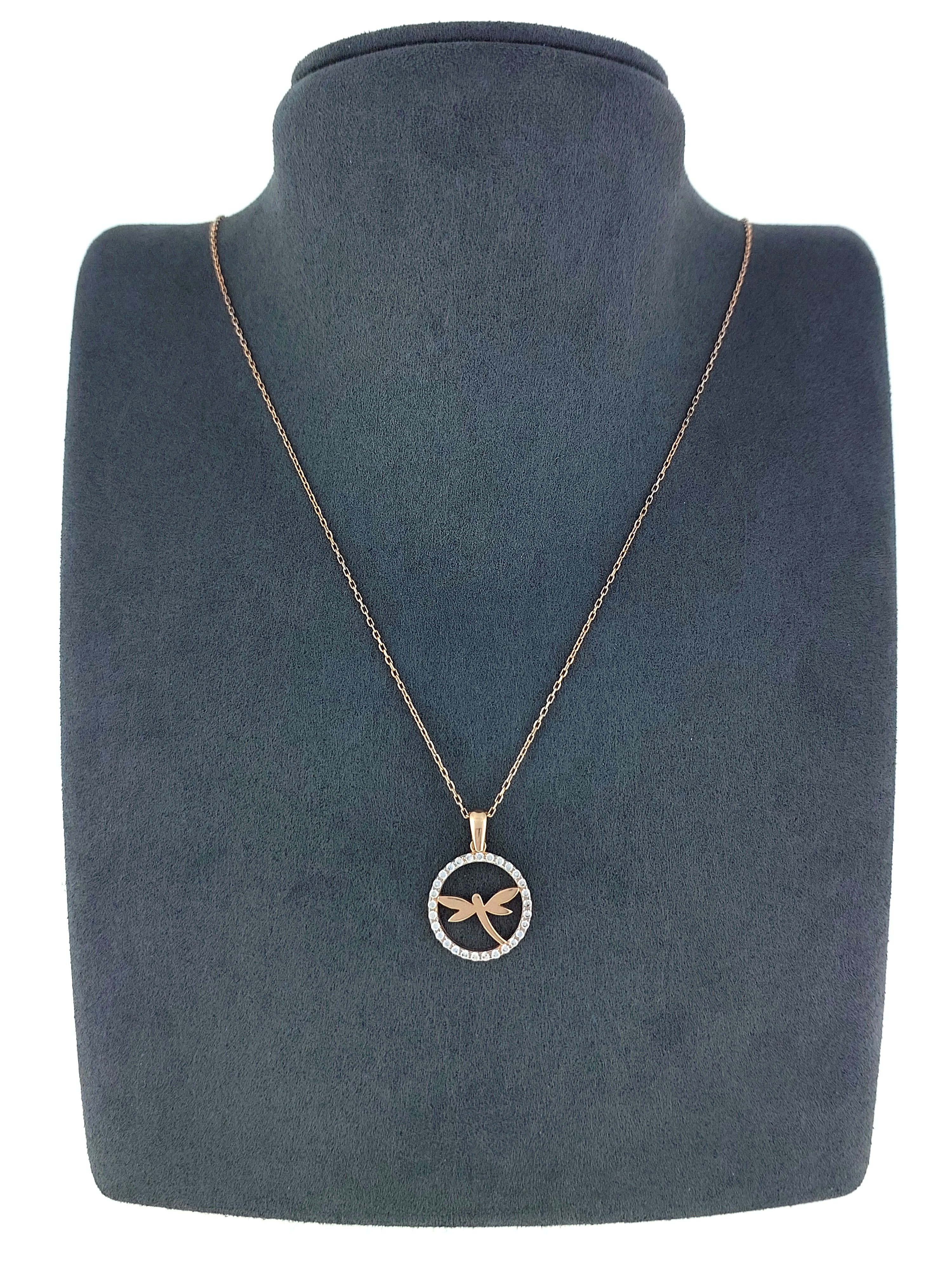 Gümüş Altın Yaldızlı Rose Renk 925 Ayar Gümüş Taşlı Daire İçerisinde Yusufçuk Kolye - www.xsilver.com.tr