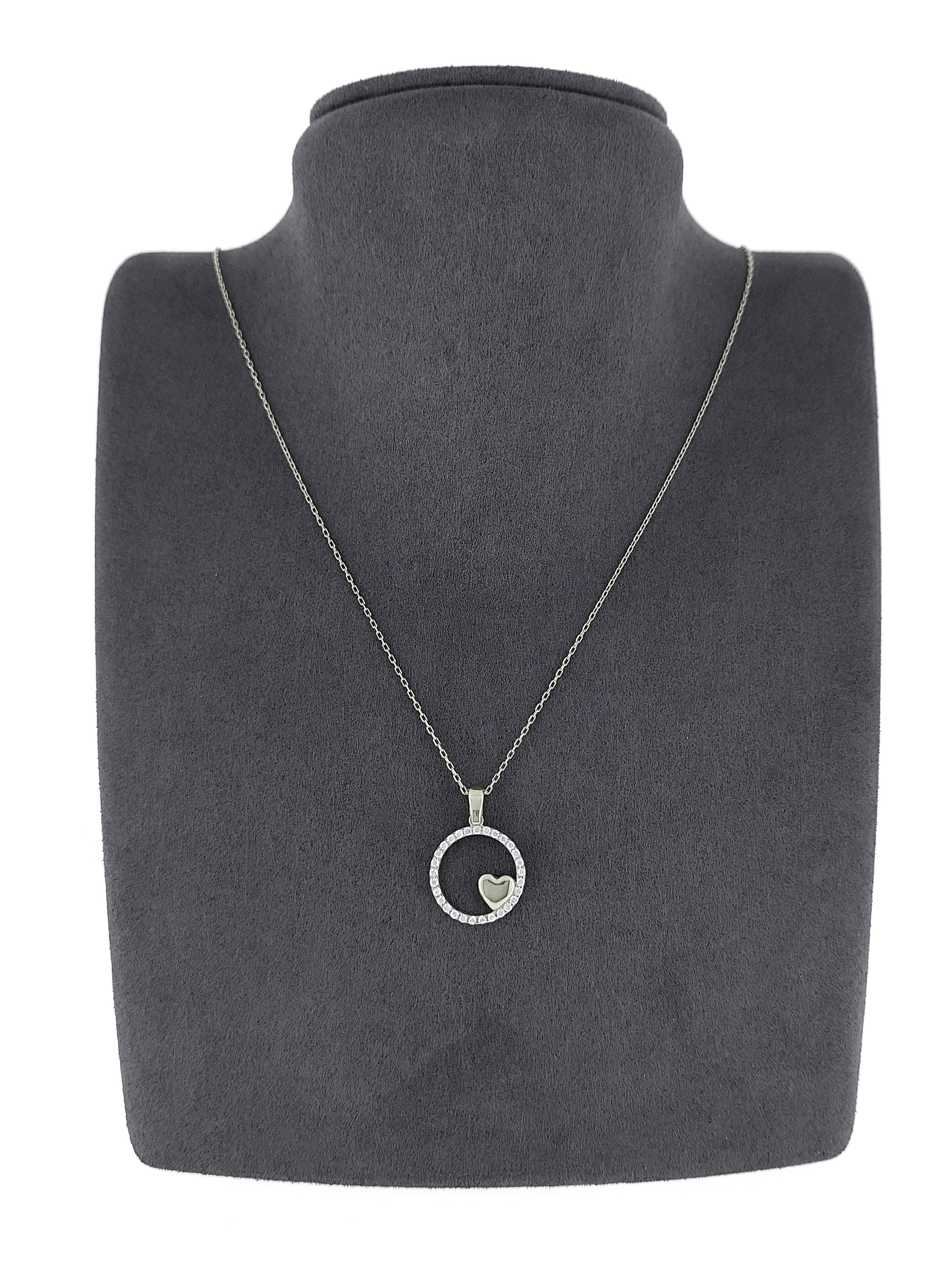 Gümüş Altın Yaldızlı Rose Renk 925 Ayar Gümüş Taşlı Daire İçerisinde Kalp Kolye - www.xsilver.com.tr