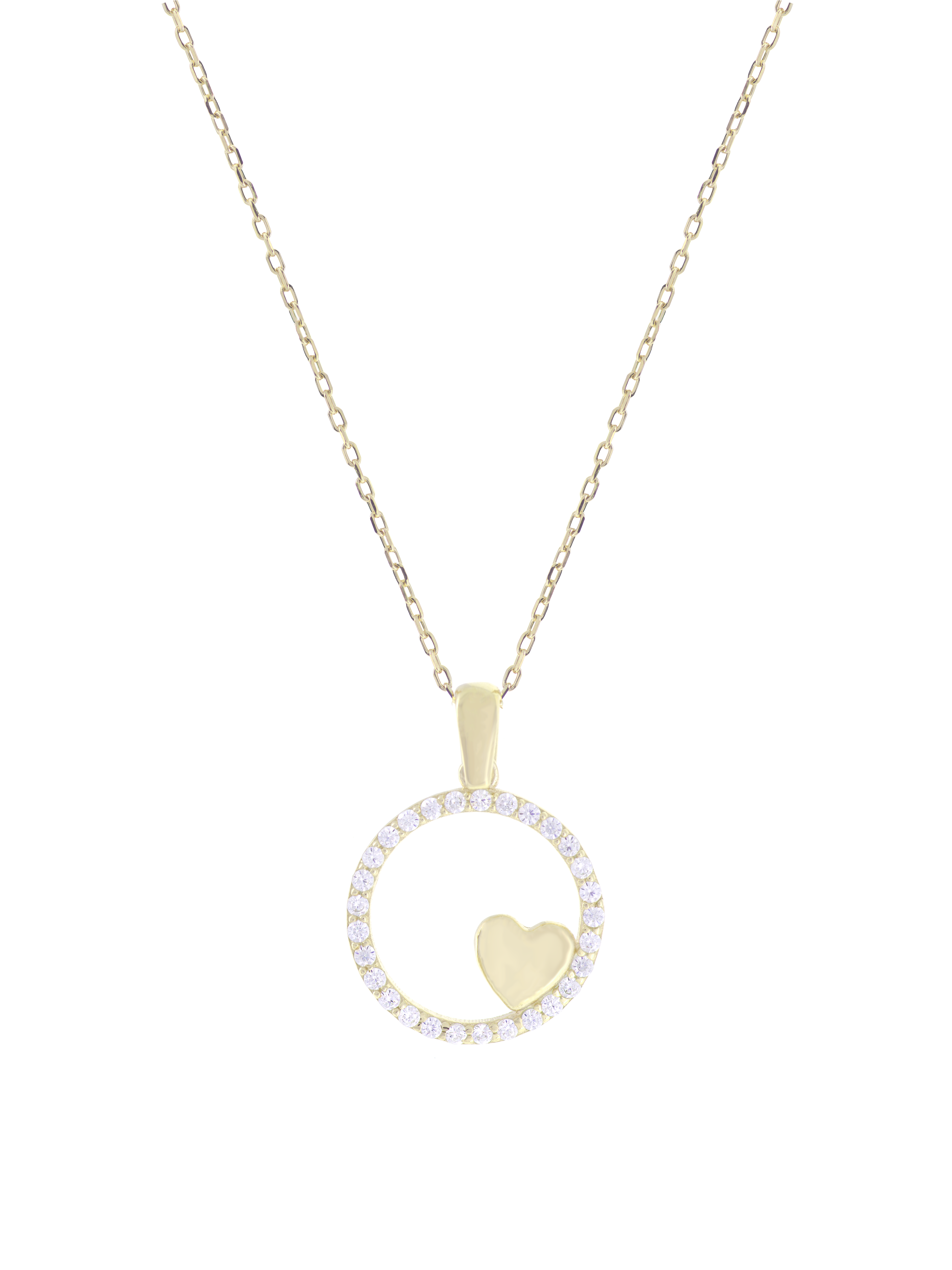 Gümüş Altın Yaldızlı Rose Renk 925 Ayar Gümüş Taşlı Daire İçerisinde Kalp Kolye - www.xsilver.com.tr