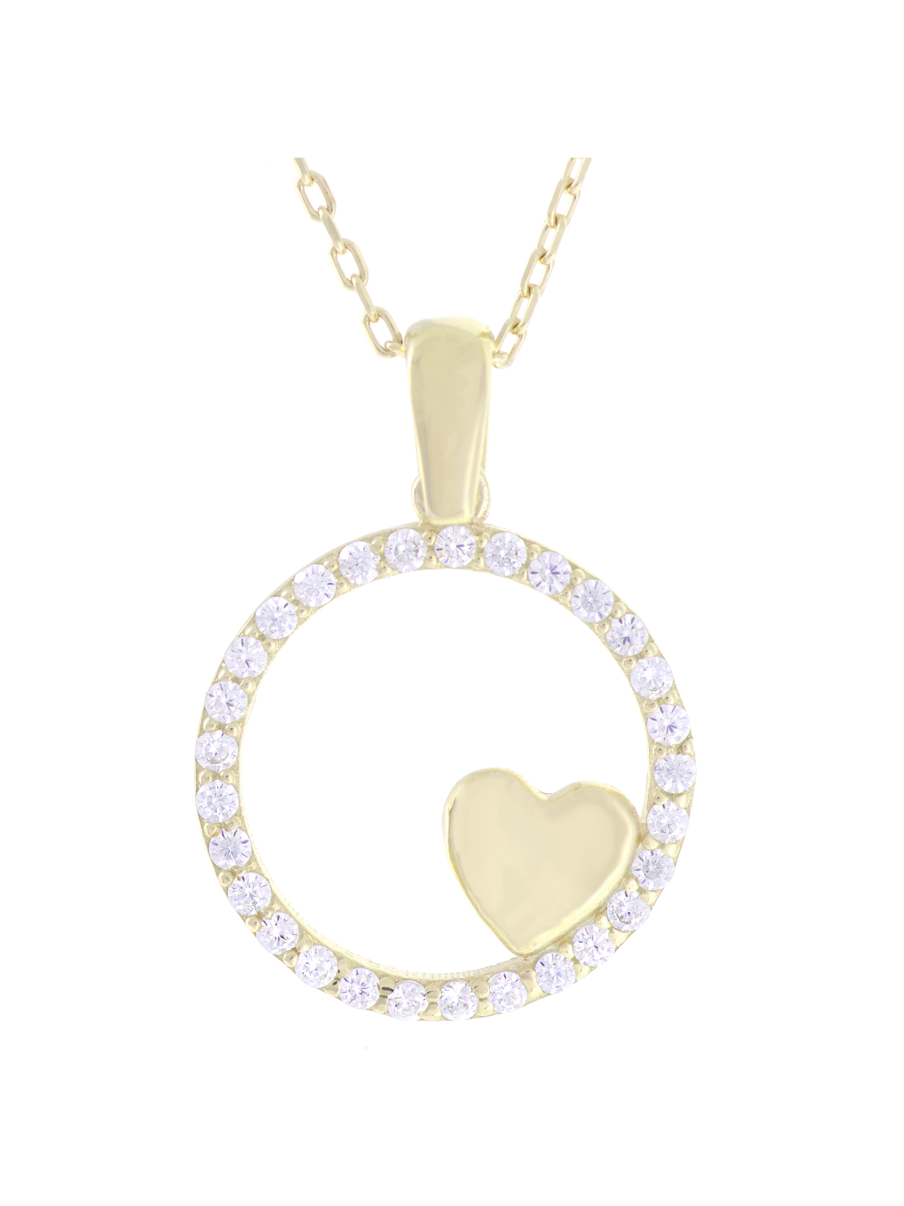 Gümüş Altın Yaldızlı Rose Renk 925 Ayar Gümüş Taşlı Daire İçerisinde Kalp Kolye - www.xsilver.com.tr