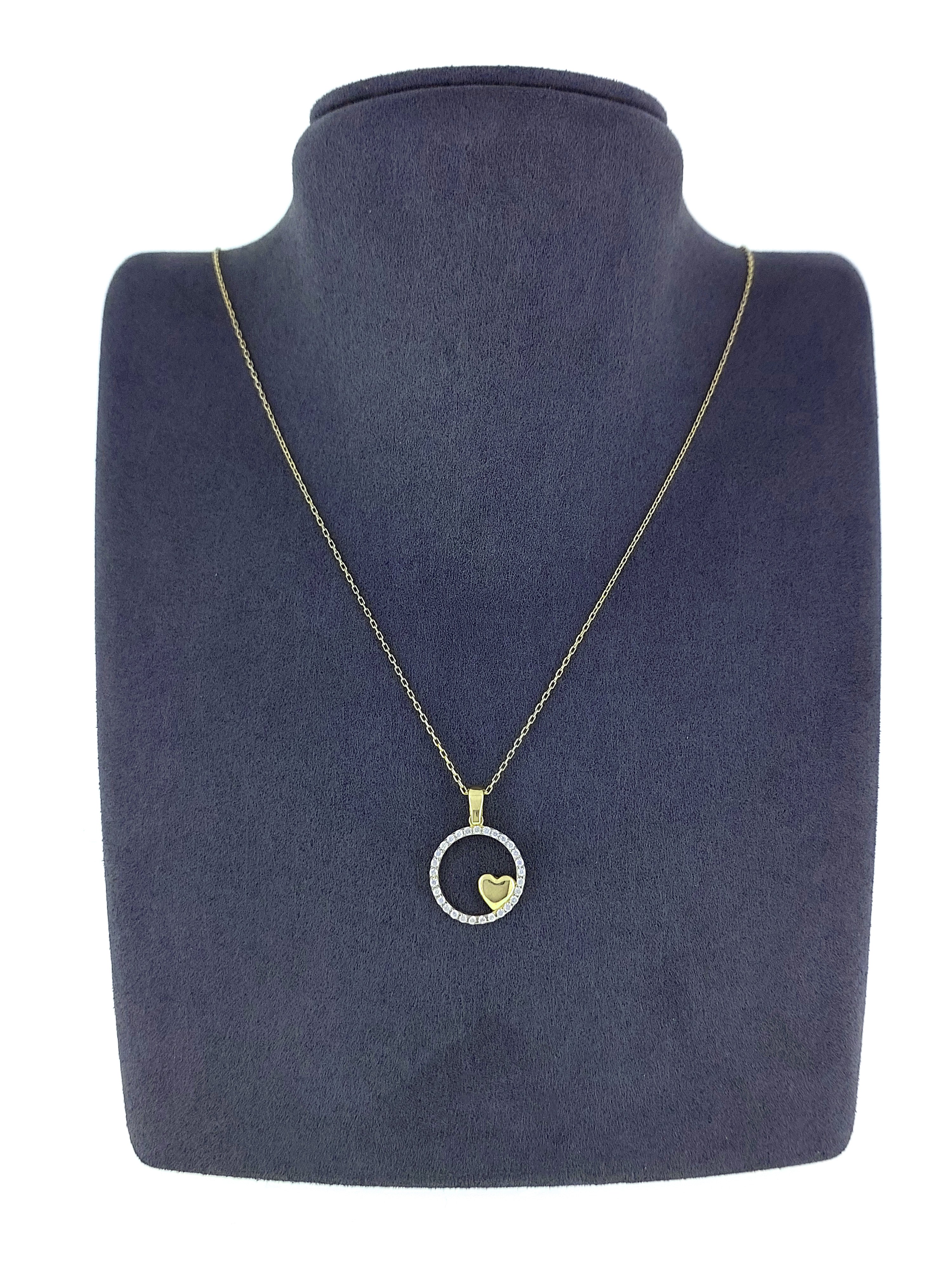 Gümüş Altın Yaldızlı Rose Renk 925 Ayar Gümüş Taşlı Daire İçerisinde Kalp Kolye - www.xsilver.com.tr