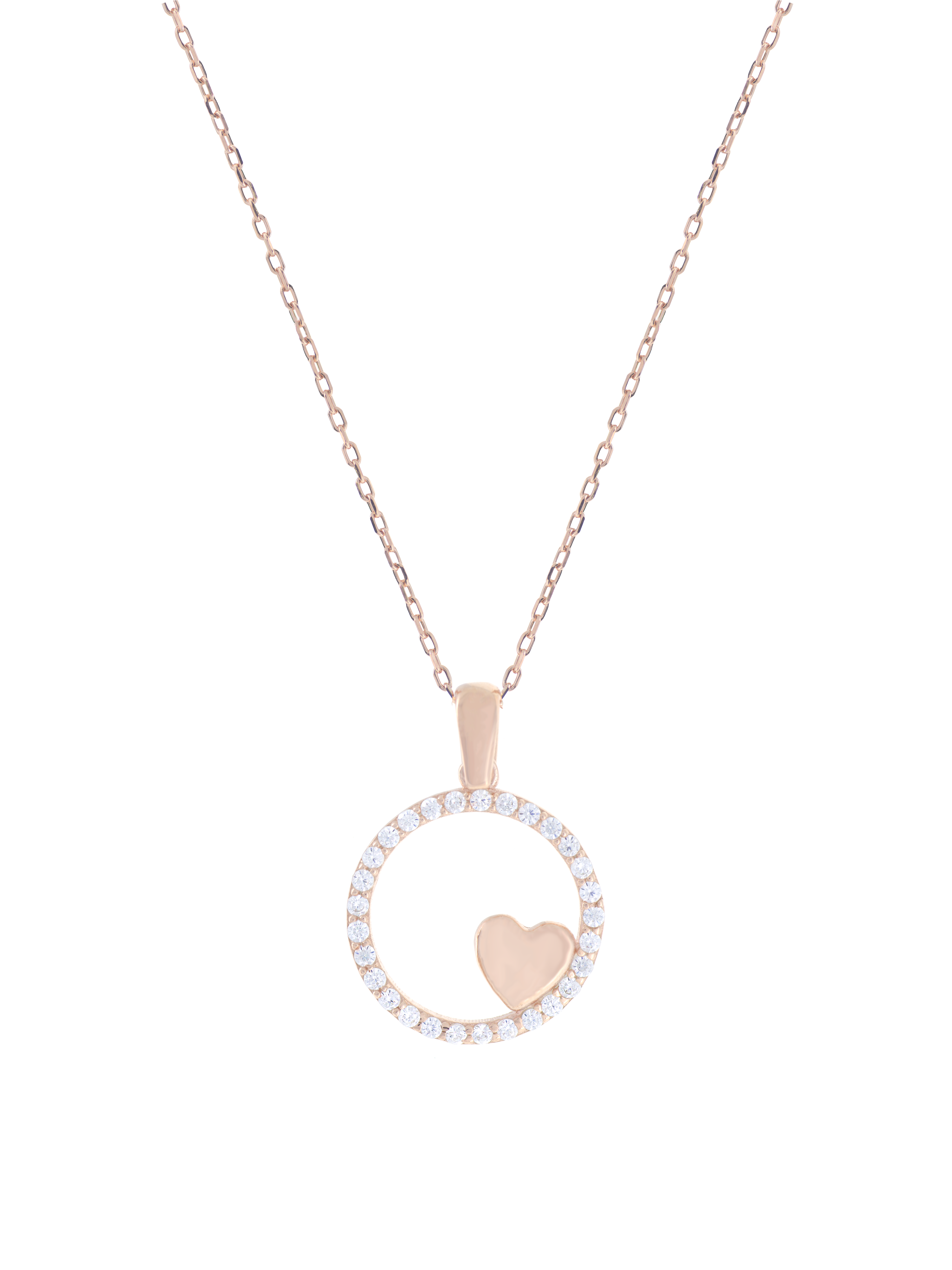 Gümüş Altın Yaldızlı Rose Renk 925 Ayar Gümüş Taşlı Daire İçerisinde Kalp Kolye - www.xsilver.com.tr