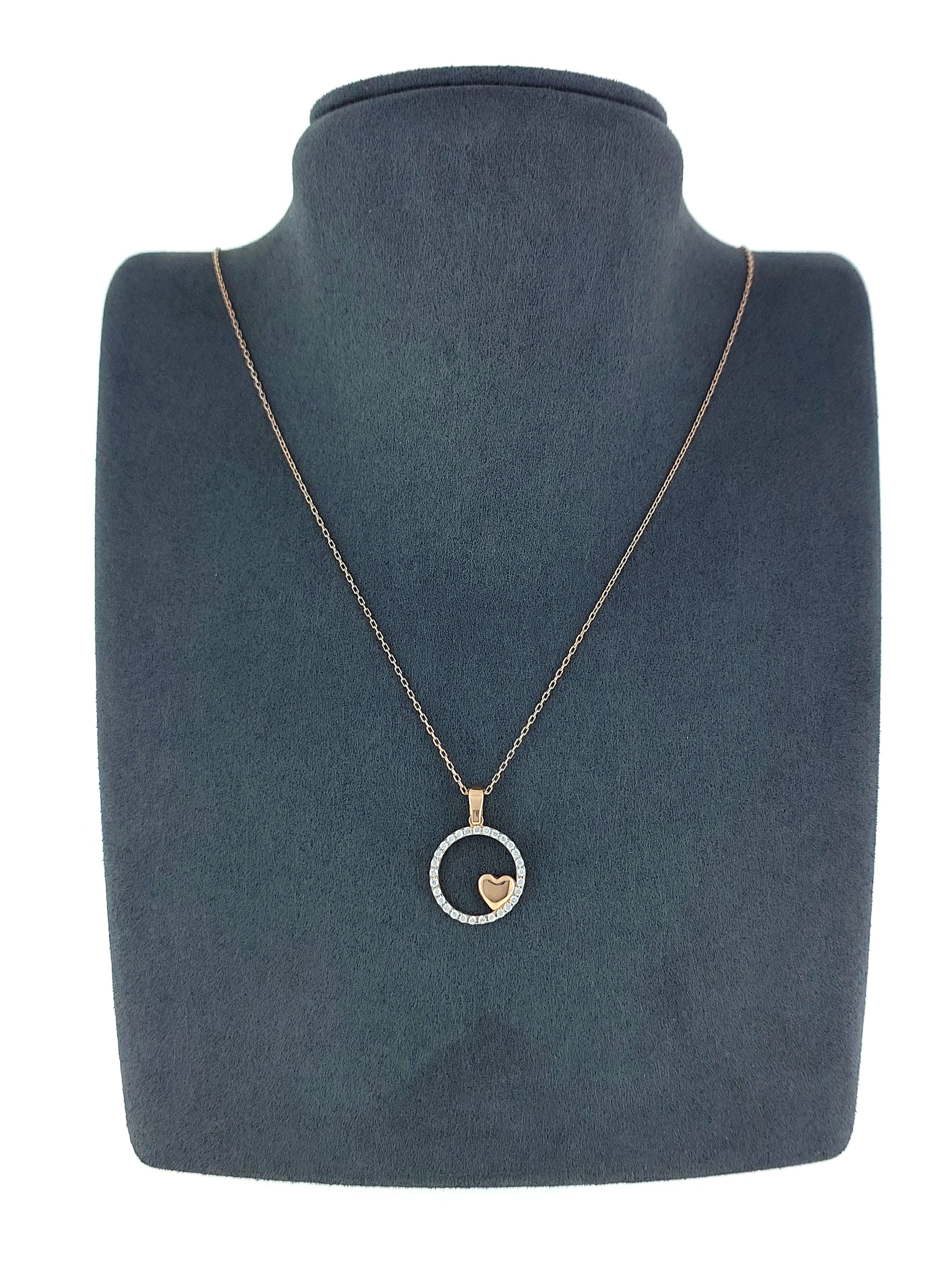 Gümüş Altın Yaldızlı Rose Renk 925 Ayar Gümüş Taşlı Daire İçerisinde Kalp Kolye - www.xsilver.com.tr