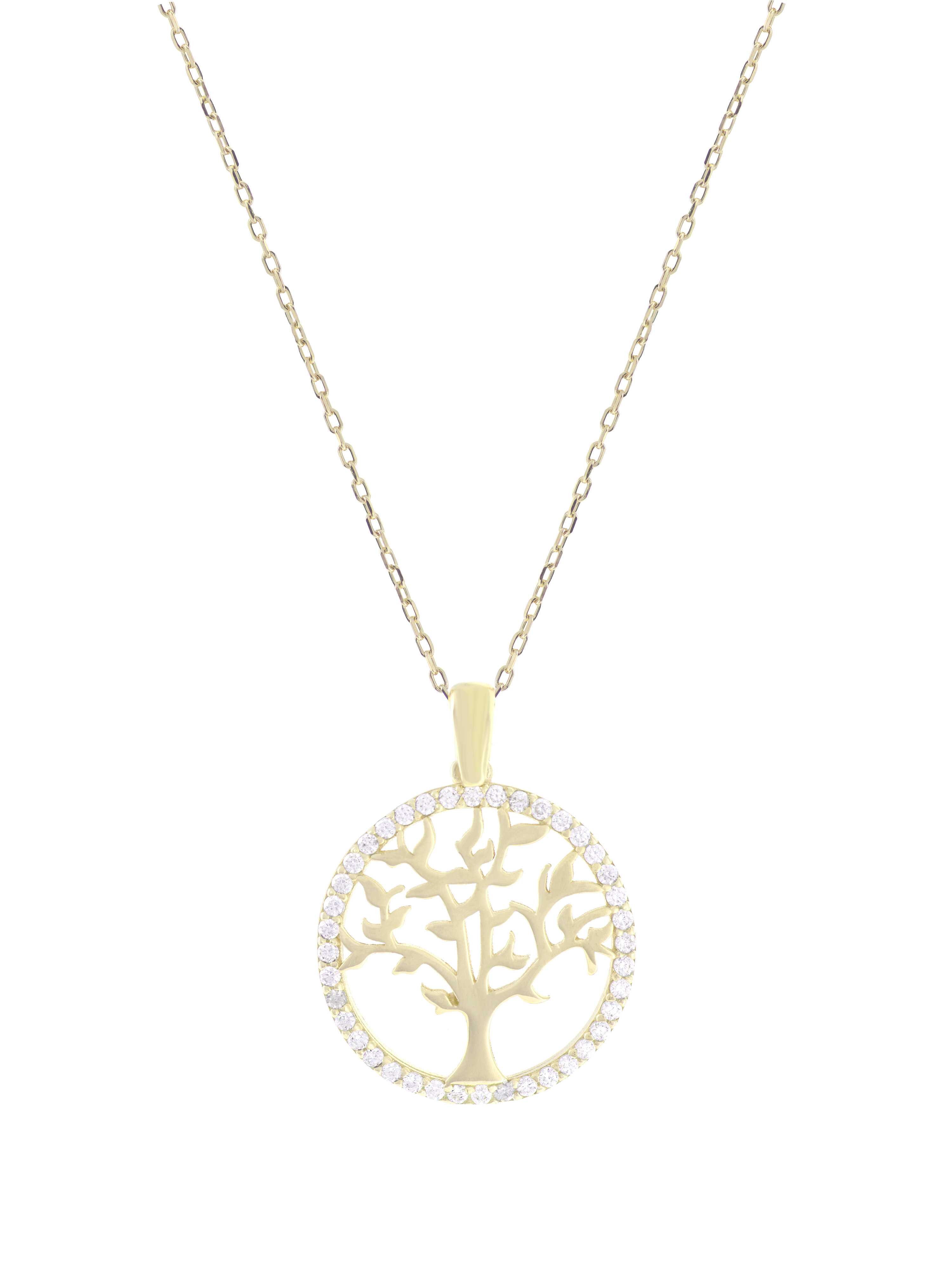 Gümüş Altın Yaldızlı Rose Renk 925 Ayar Gümüş Taşlı Daire İçerisinde Hayat Ağacı Kolye - www.xsilver.com.tr