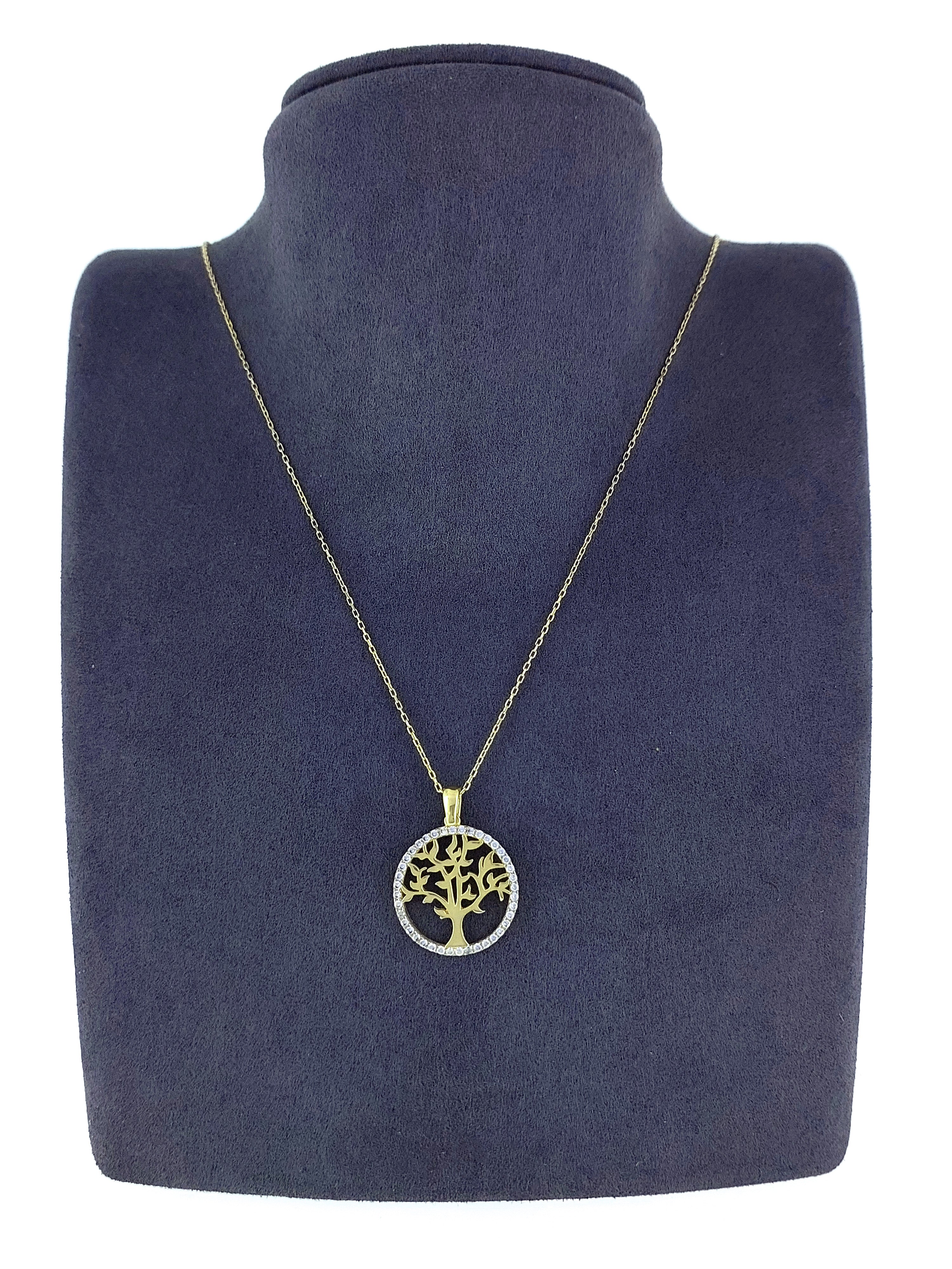 Gümüş Altın Yaldızlı Rose Renk 925 Ayar Gümüş Taşlı Daire İçerisinde Hayat Ağacı Kolye - www.xsilver.com.tr