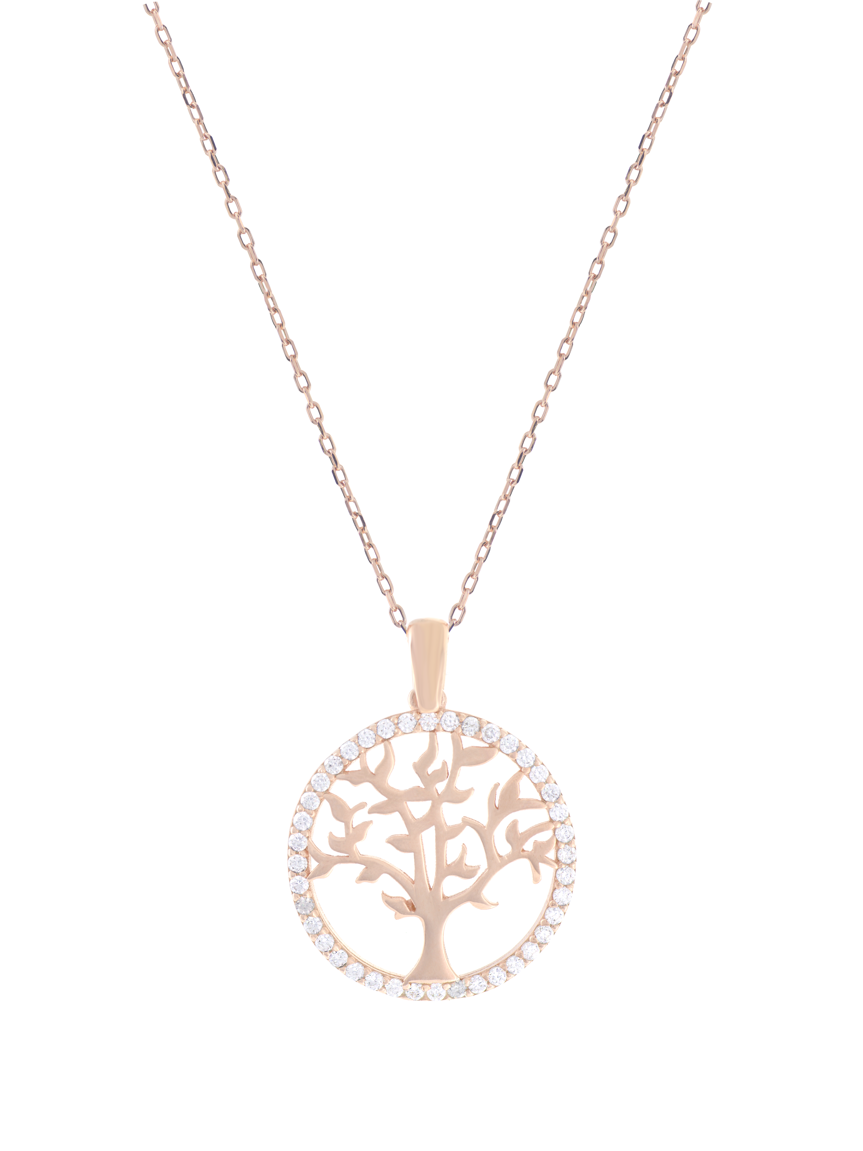 Gümüş Altın Yaldızlı Rose Renk 925 Ayar Gümüş Taşlı Daire İçerisinde Hayat Ağacı Kolye - www.xsilver.com.tr