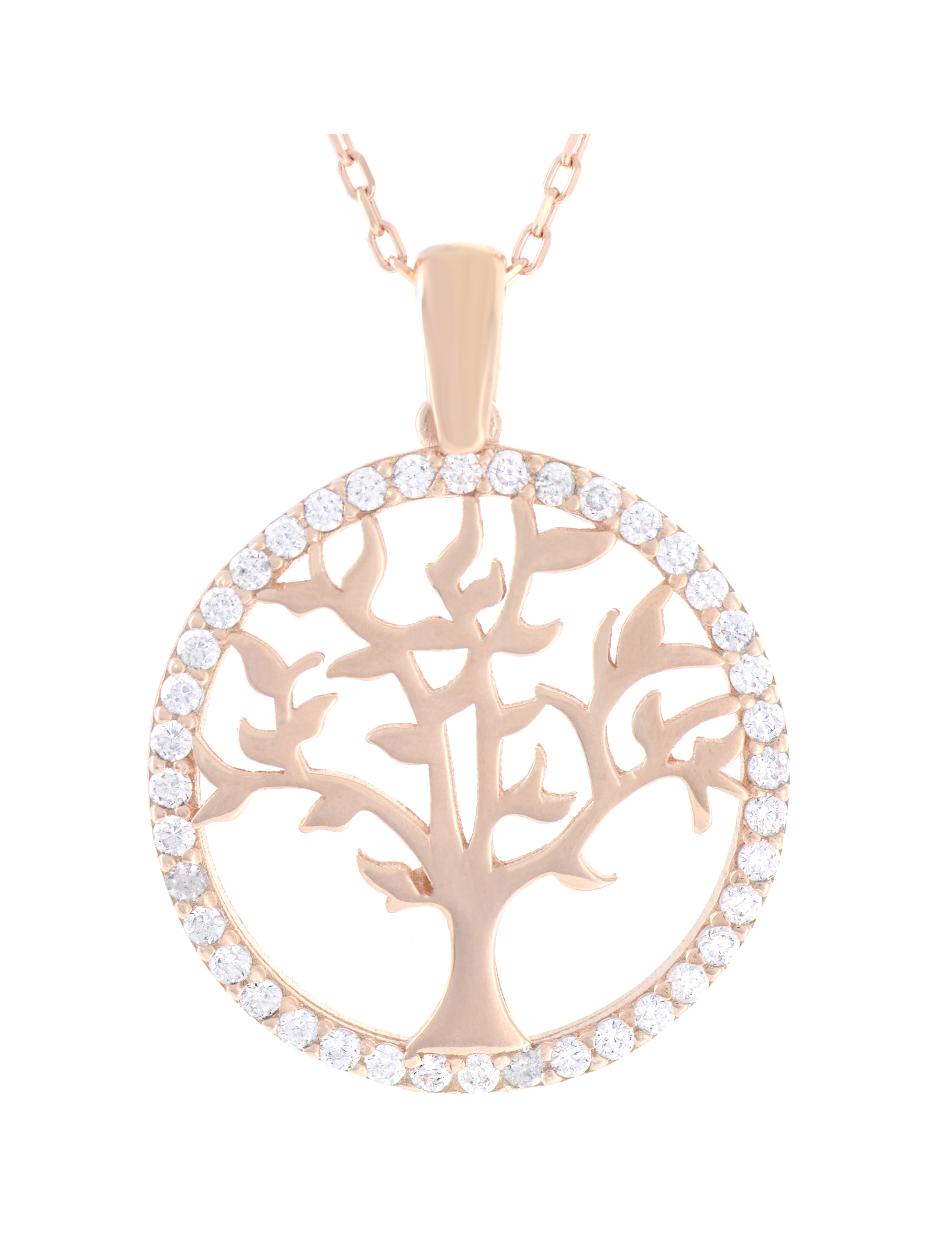 Gümüş Altın Yaldızlı Rose Renk 925 Ayar Gümüş Taşlı Daire İçerisinde Hayat Ağacı Kolye - www.xsilver.com.tr