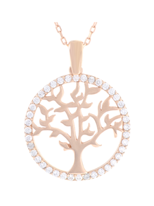 Gümüş Altın Yaldızlı Rose Renk 925 Ayar Gümüş Taşlı Daire İçerisinde Hayat Ağacı Kolye - www.xsilver.com.tr