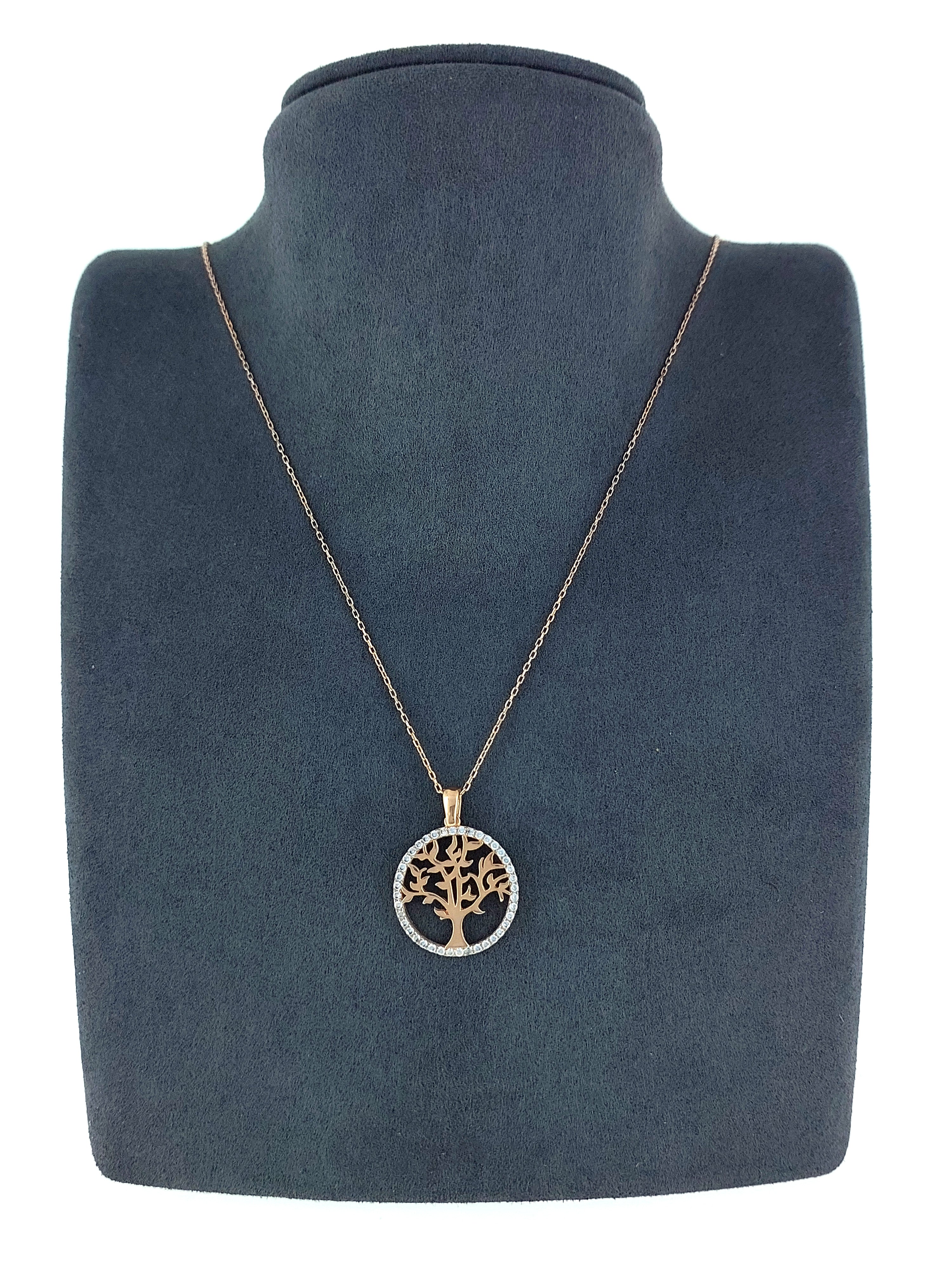 Gümüş Altın Yaldızlı Rose Renk 925 Ayar Gümüş Taşlı Daire İçerisinde Hayat Ağacı Kolye - www.xsilver.com.tr