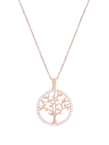Gümüş Altın Yaldızlı Rose Renk 925 Ayar Gümüş Taşlı Daire İçerisinde Hayat Ağacı Kolye - www.xsilver.com.tr