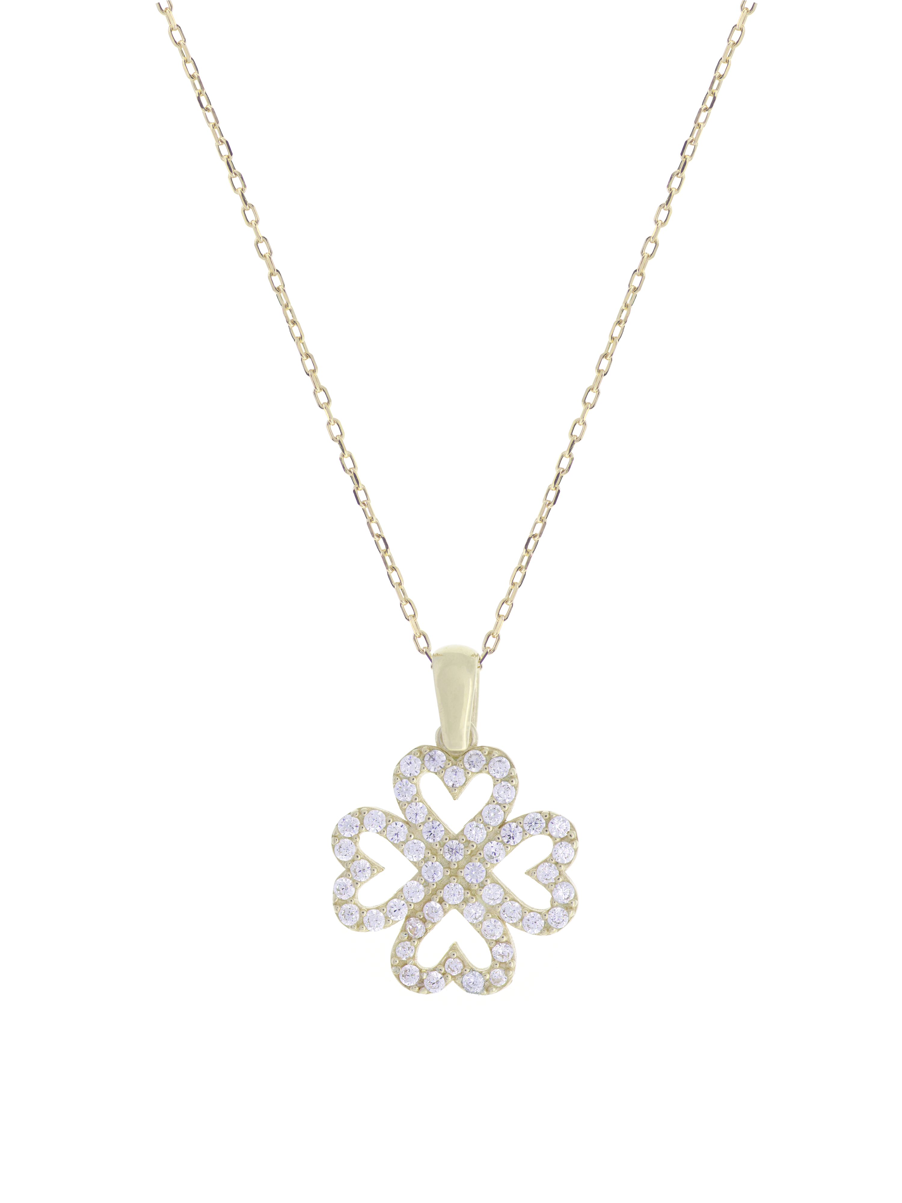 Gümüş Altın Yaldızlı Rose Renk 925 Ayar Gümüş Taşlı 4 Kalpli Yonca Kolye - www.xsilver.com.tr