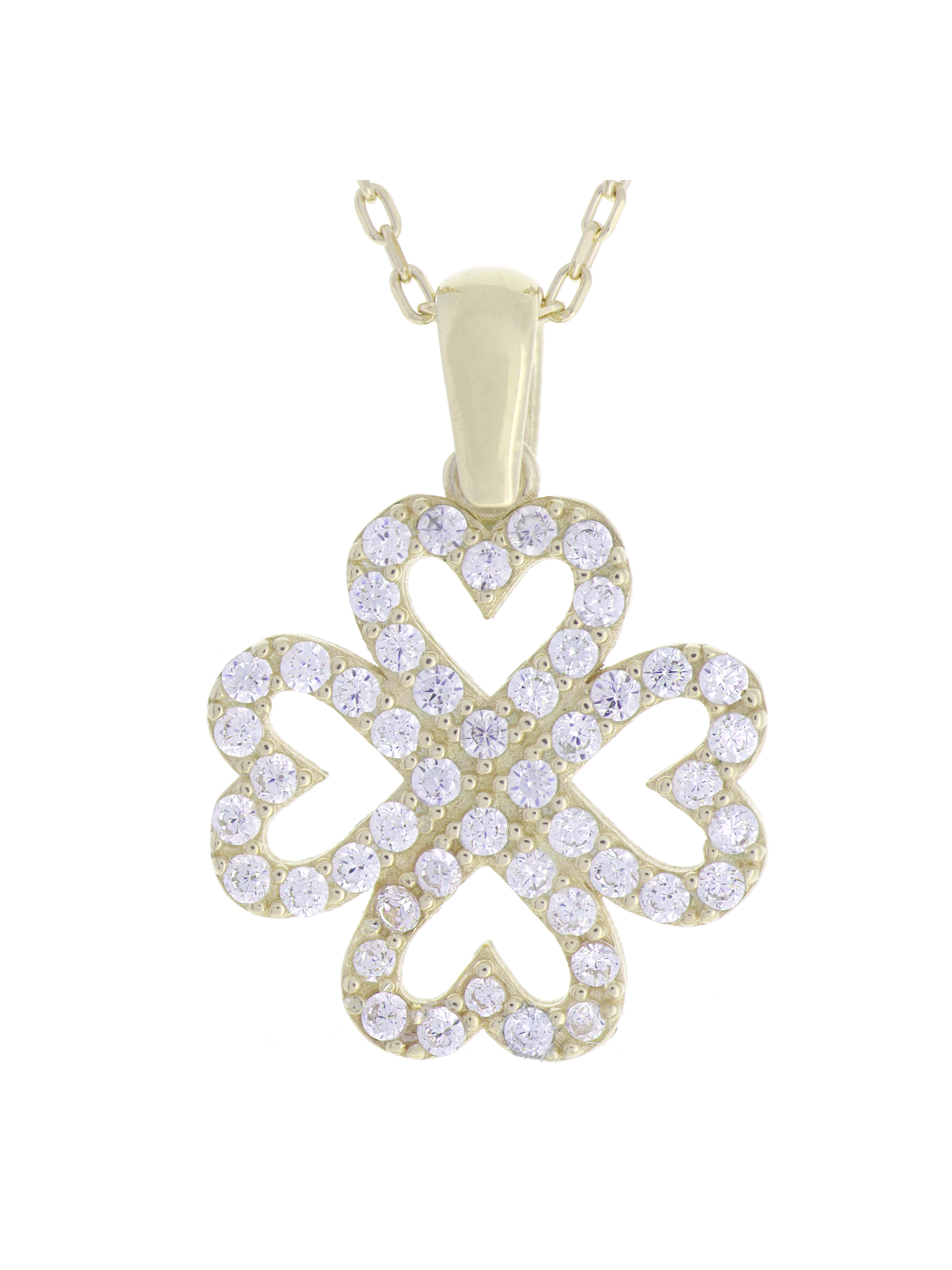 Gümüş Altın Yaldızlı Rose Renk 925 Ayar Gümüş Taşlı 4 Kalpli Yonca Kolye - www.xsilver.com.tr