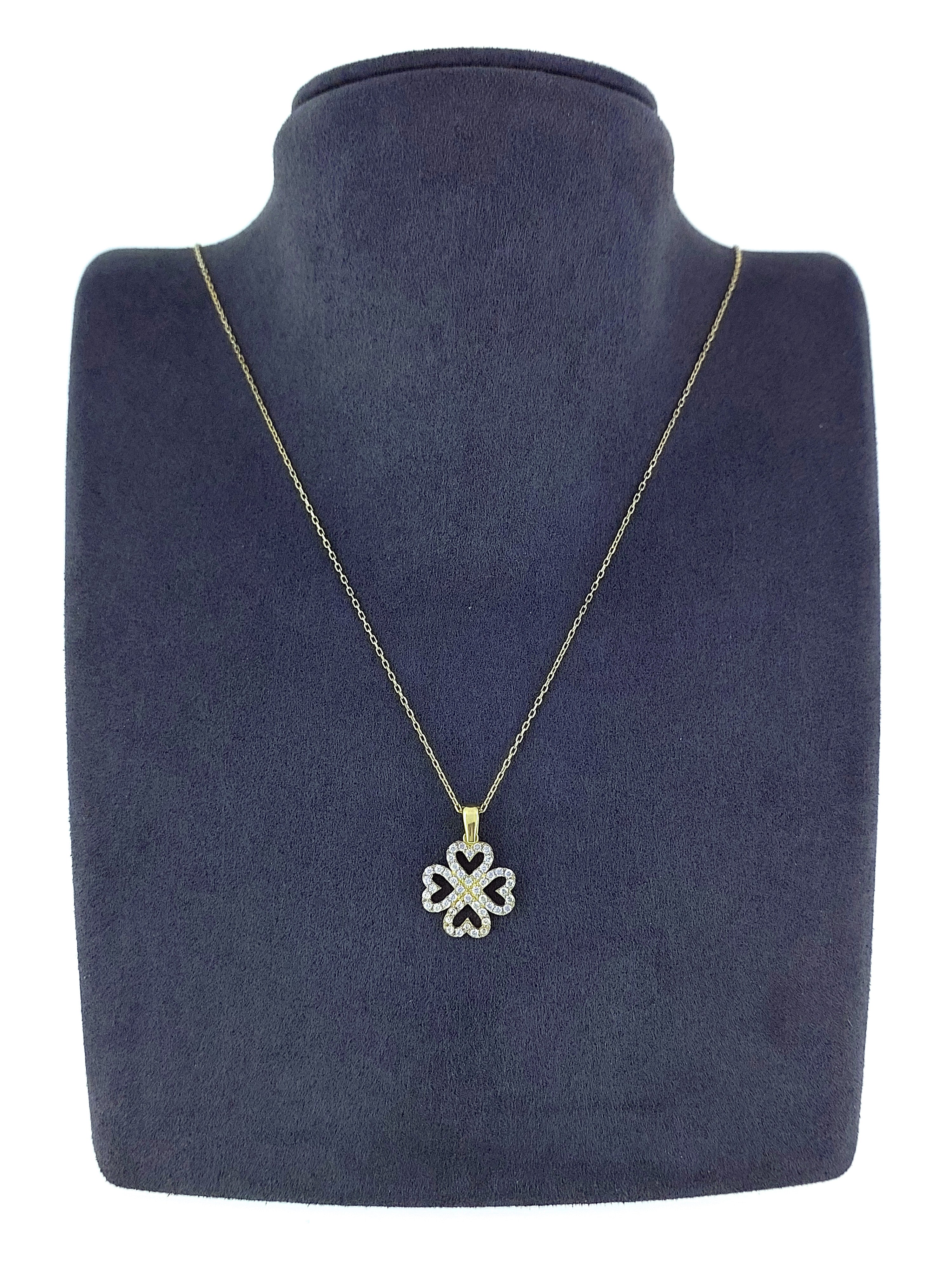 Gümüş Altın Yaldızlı Rose Renk 925 Ayar Gümüş Taşlı 4 Kalpli Yonca Kolye - www.xsilver.com.tr