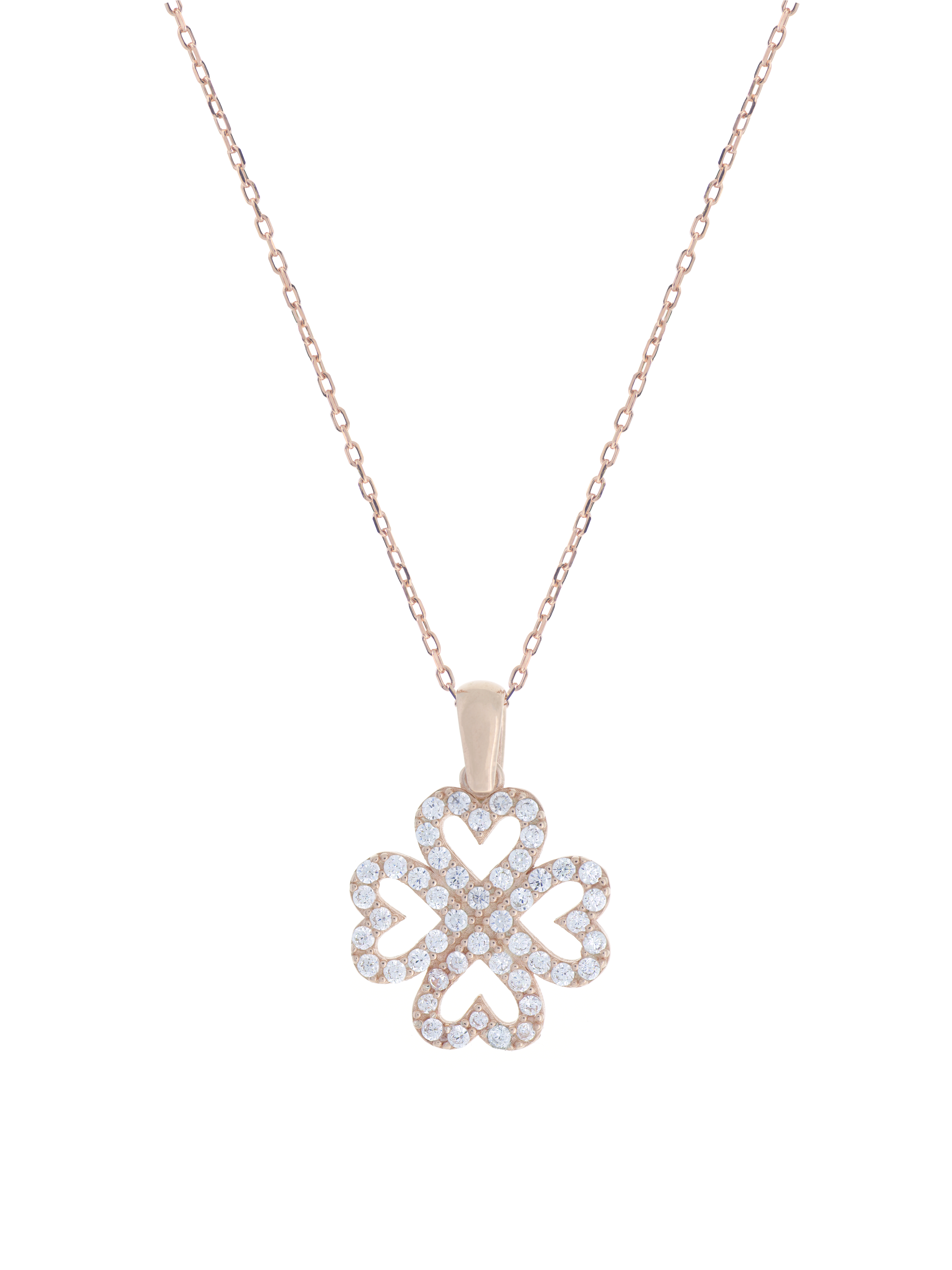 Gümüş Altın Yaldızlı Rose Renk 925 Ayar Gümüş Taşlı 4 Kalpli Yonca Kolye - www.xsilver.com.tr