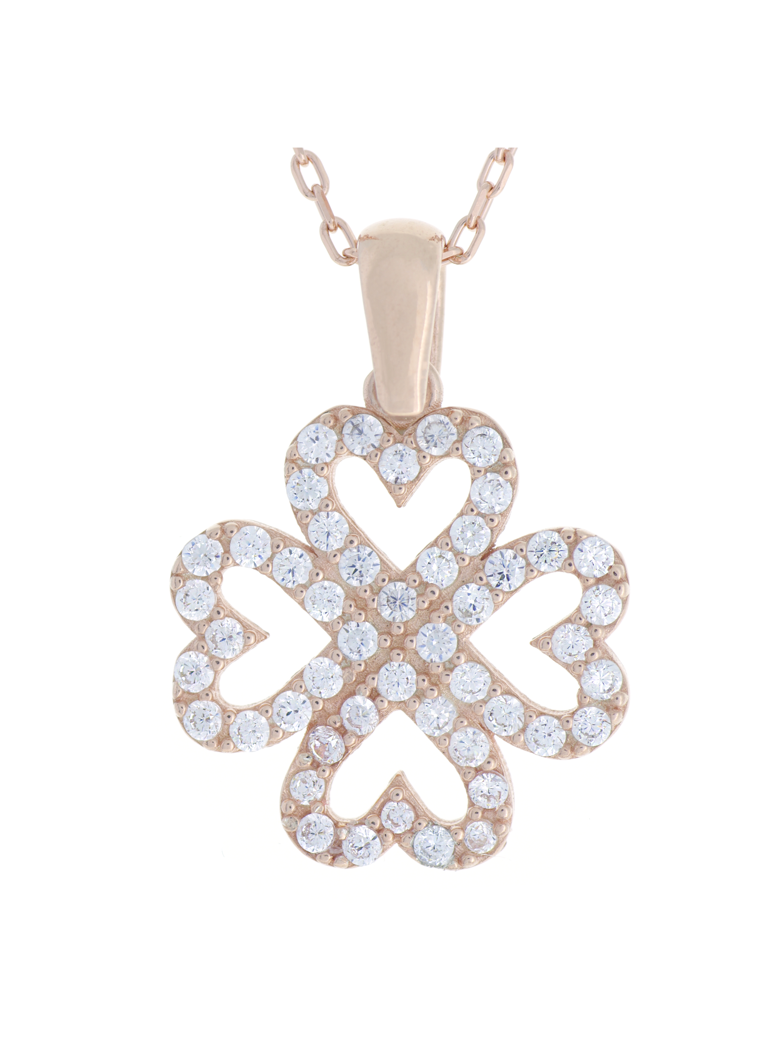 Gümüş Altın Yaldızlı Rose Renk 925 Ayar Gümüş Taşlı 4 Kalpli Yonca Kolye - www.xsilver.com.tr