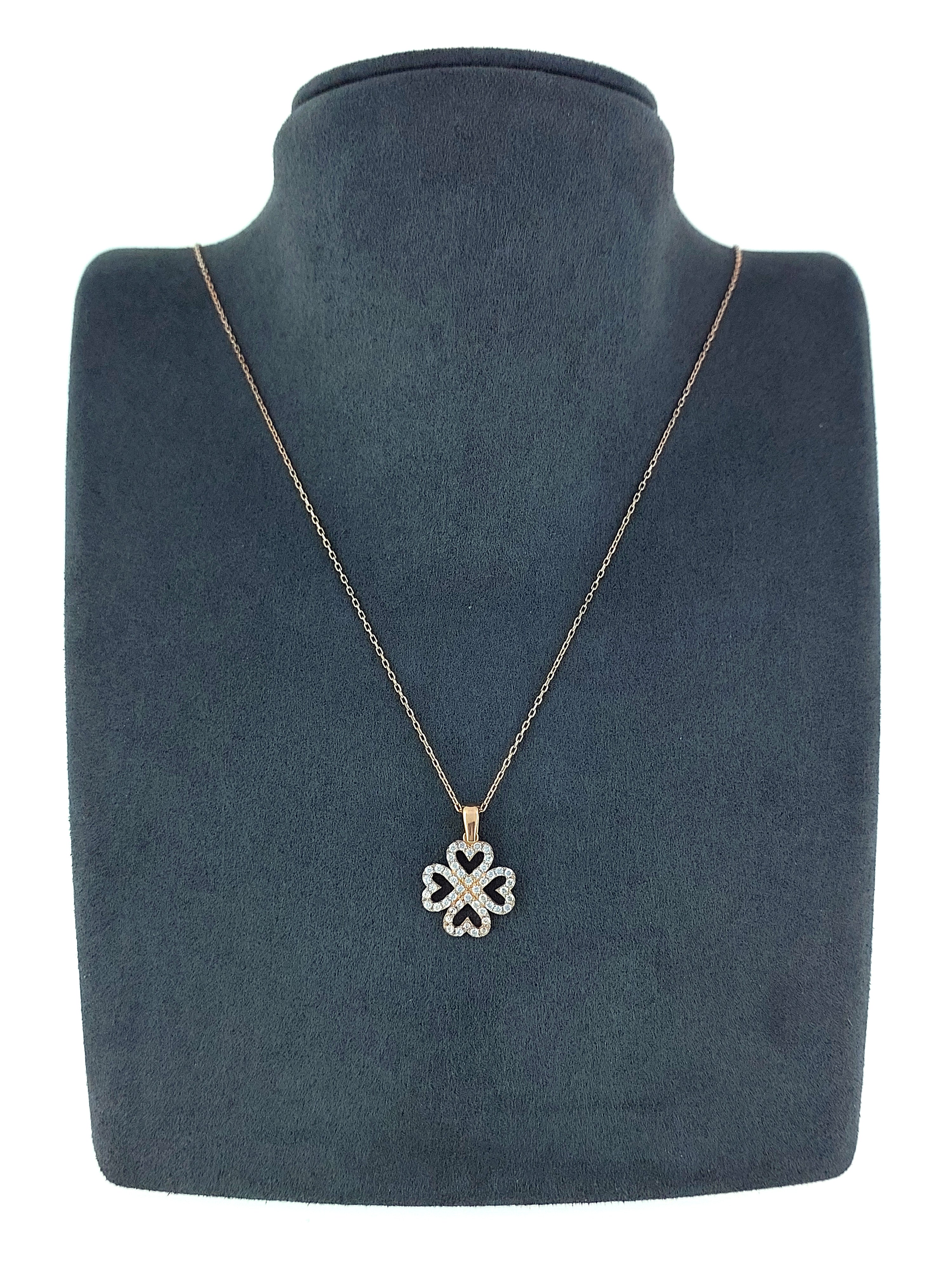 Gümüş Altın Yaldızlı Rose Renk 925 Ayar Gümüş Taşlı 4 Kalpli Yonca Kolye - www.xsilver.com.tr