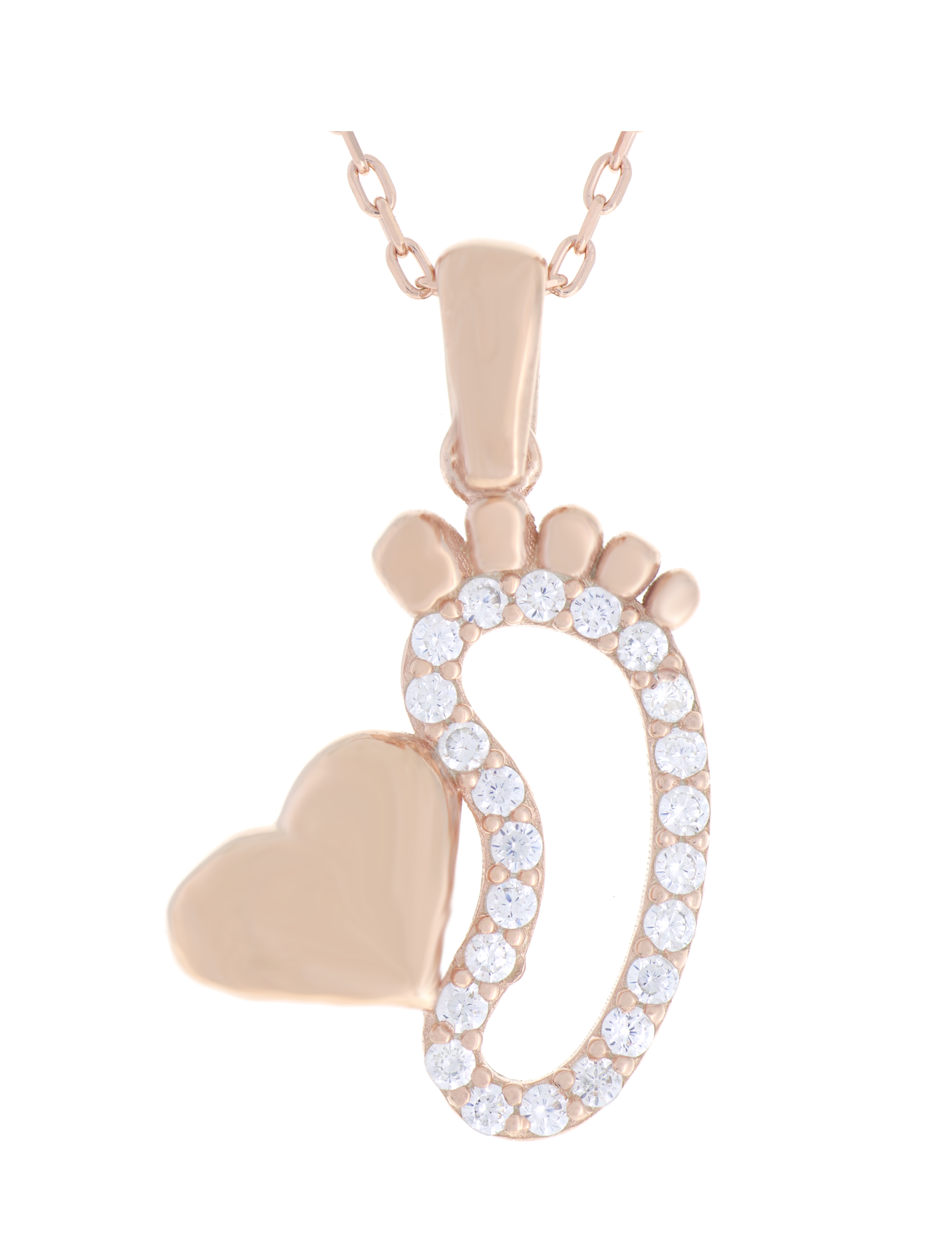 Gümüş Altın Yaldızlı Rose Renk 925 Ayar Gümüş Taşlı Bebek Ayağı ve Kalp Kolye - www.xsilver.com.tr