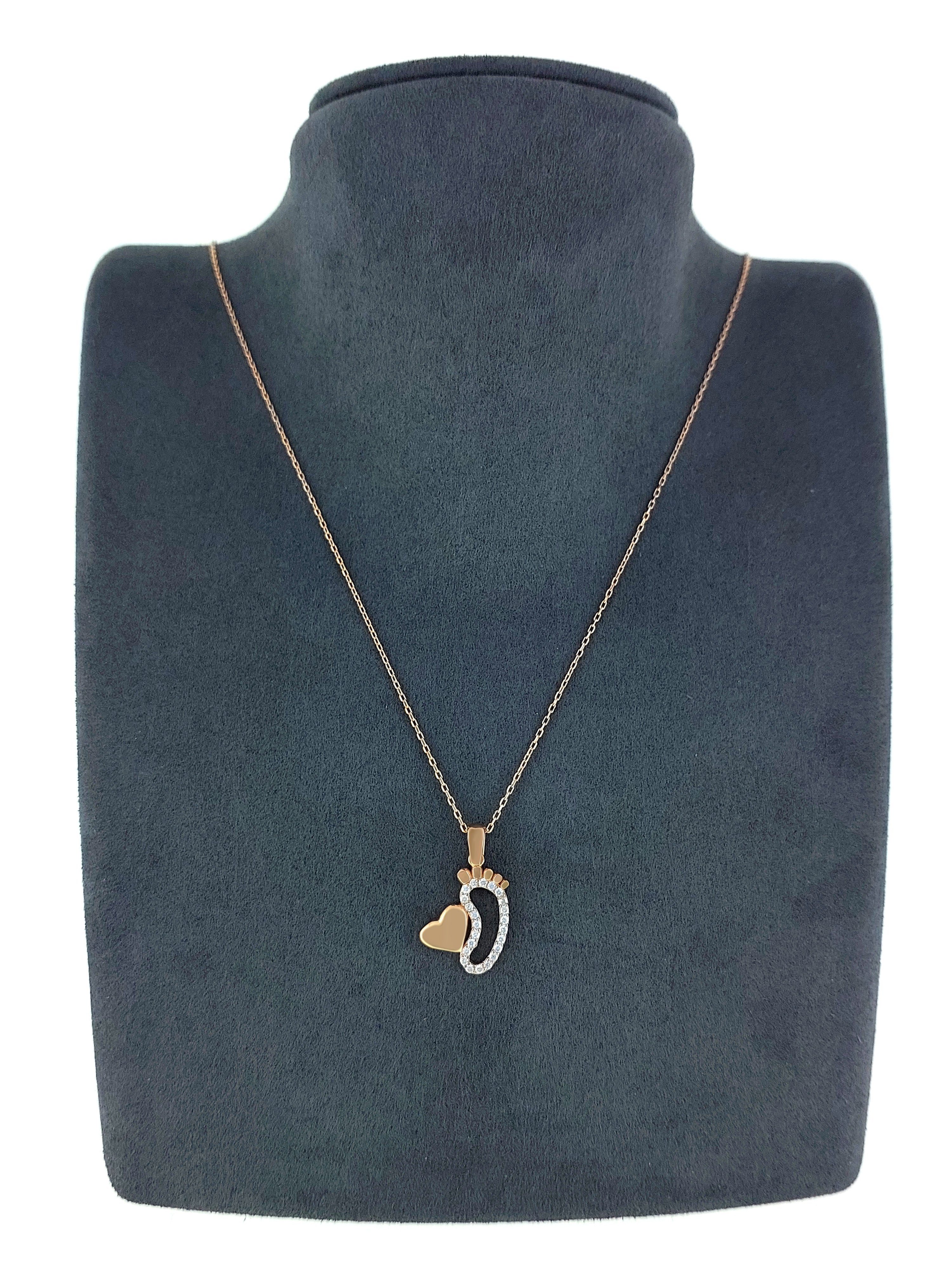 Gümüş Altın Yaldızlı Rose Renk 925 Ayar Gümüş Taşlı Bebek Ayağı ve Kalp Kolye - www.xsilver.com.tr